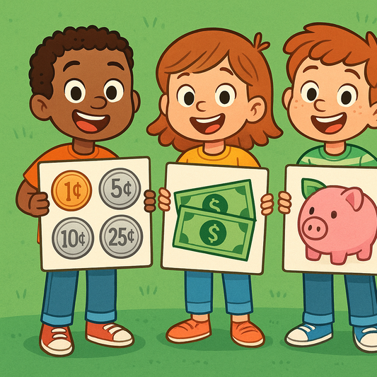 Cartoon-style kids holding oversized flashcards with colorful graphics of coins, bills, and piggy banks, placed on a playful green background.
