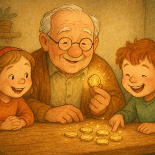 Grandparent teaching two smiling kids about coins at a wooden table, golden coins glowing around them in a warm illustrated storybook style.