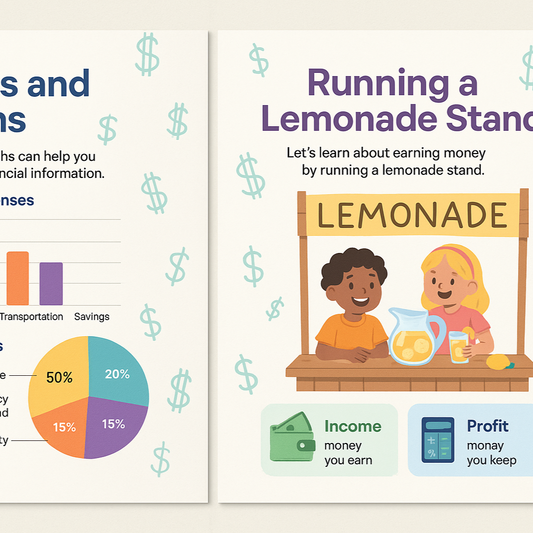 Modern workbook pages laid out with charts, doodles of dollar signs, and illustrations of kids selling lemonade, styled in a clean Canva-style design.